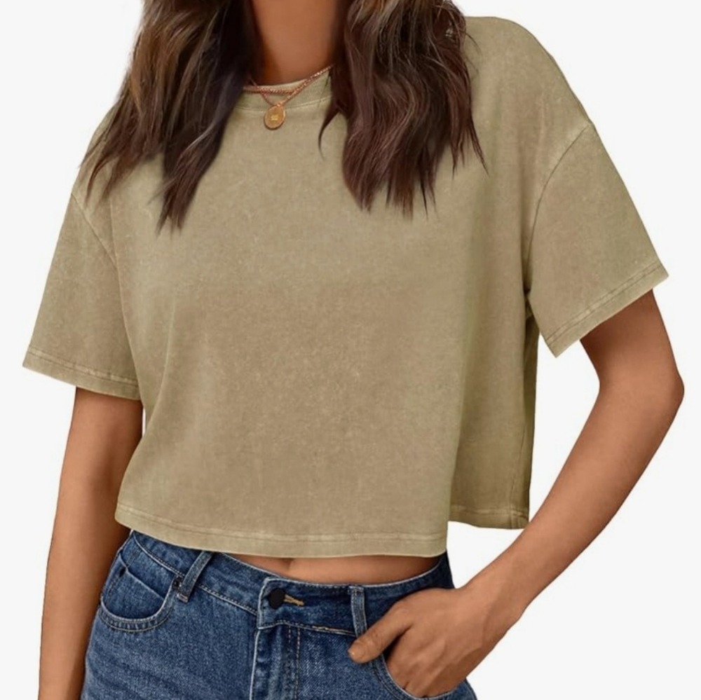 Womens Cropped Tee L khaki 100% cotton short sleeve EUC T shirt crop tan acid